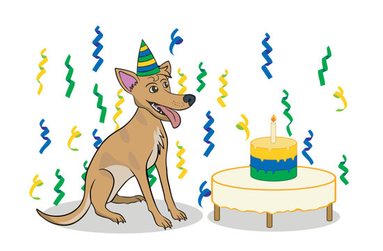 Caramel-colored mixed-breed dog wearing a cone hat celebrates his birthday with cake and confetti. Transparent background.