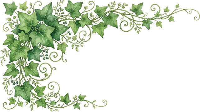 Green ivy leaf corner frame border with swirling vines and berries for wedding invitation card design vector illustration