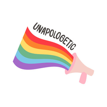 Retro pink megaphone with Unapologetic slogan and rainbow flag blast isolated on white. 90s aesthetic bullhorn illustration for LGBTQ pride month celebration, activism, advocacy, and digital stickers.