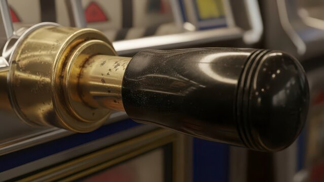 Close-up of a vintage slot machine lever with brass and black handle.