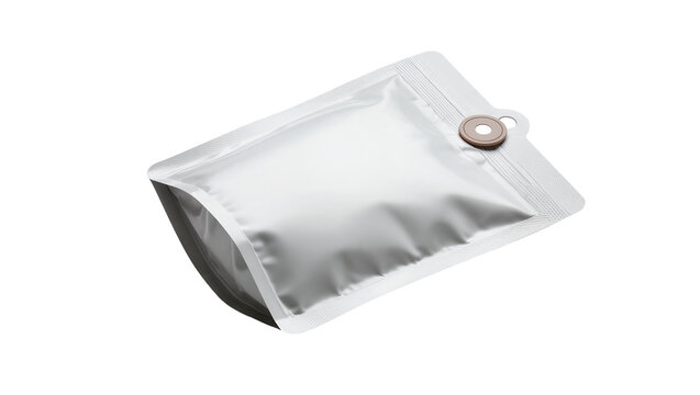 Isolated empty shiny metallic white foil stand-up pouch packaging mockup for products