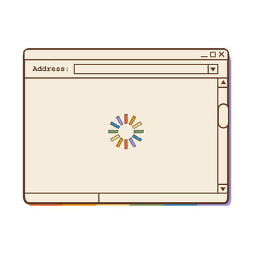 Retro 90s internet web browser window layout with rainbow pride spinning loading pinwheel icon isolated on white. Nostalgic Y2K operating system address frame element for LGBTQ pride month. Vector.