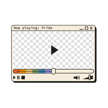 Retro Y2K computer video media player window layout with screen preview and rainbow pride progress timeline slider bar isolated on white. Nostalgic 90s technology software interface for Pride Month.