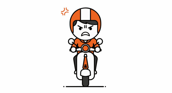 Cartoon motorcyclist with angry expression riding bike.