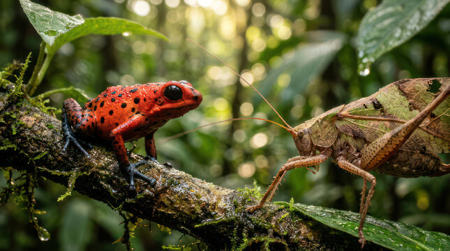 Frog Meets Katydid in the Lush Rainforest Canopy