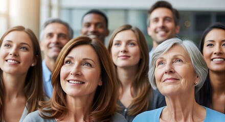 Obraz premium Diverse group of happy professionals looking up together.