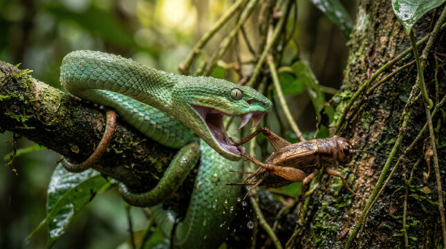 Green Snake Preys on Cricket in a Tropical Rainforest