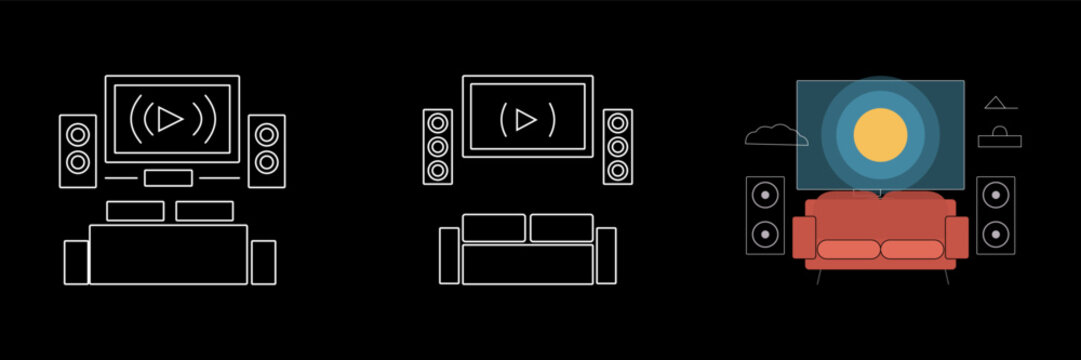 Living room home theater icon set on black background. Sound system setup illustrations