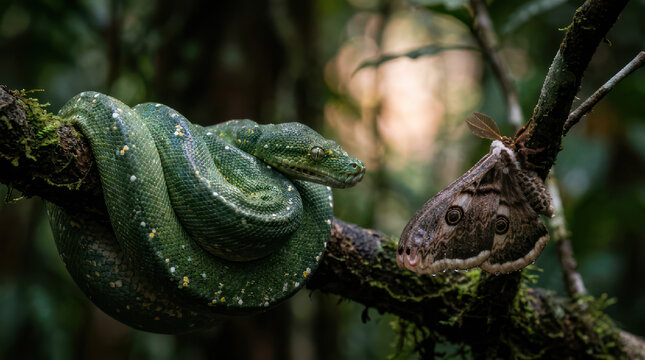 Green Tree Python and Emperor Moth on Branch