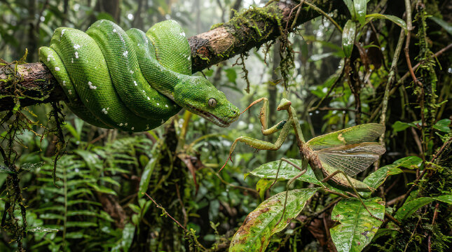 Green Tree Python and Mantis in the Jungle Wildlife Photo