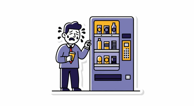 Frustrated man standing beside vending machine choices.
