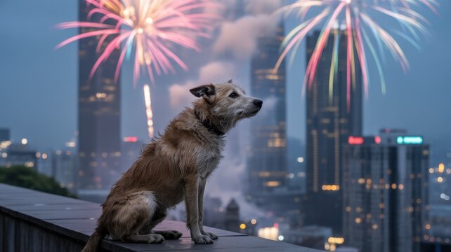 A lone dog sits on a ledge overlooking a city skyline with fireworks exploding in the night sky
