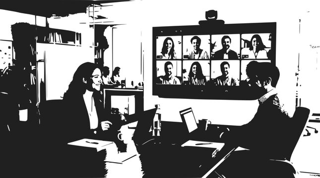 Business meeting, video conference call with remote team members on screen