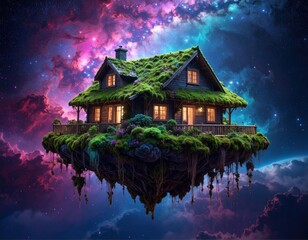 Obraz premium Floating house on serene mystical island.