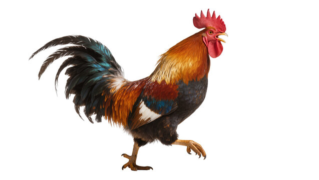 Isolated rooster standing with open beak crowing, showcasing colorful plumage and red comb