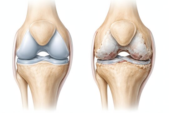 Educational healthcare illustration showing comparison between healthy knee cartilage and arthritic knee degeneration.