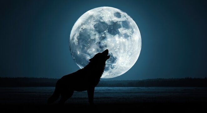 Wolf howling at full moon night.