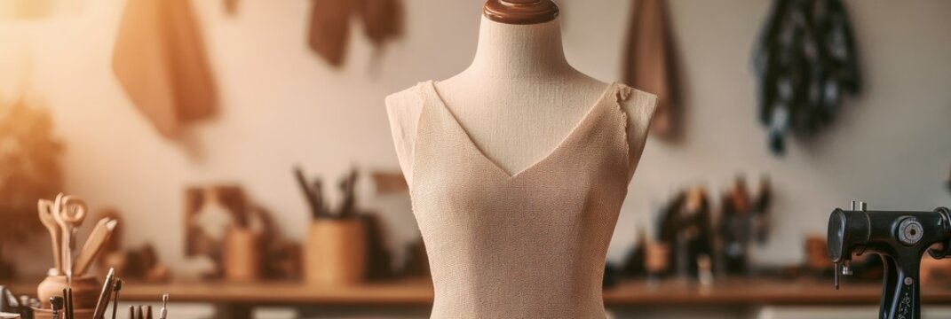 Dress in progress displayed on a mannequin in a designer's workshop or tailor's studio, highlighted by warm sunlight, showcasing the creative process of fashion design