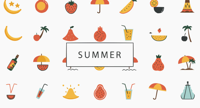 A collection of flat icons representing summer symbols such as fruits, drinks, and beach umbrellas, with the word SUMMER prominently displayed