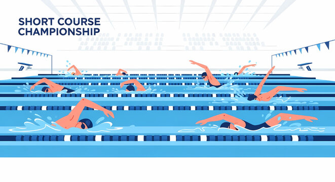 Swimmers in a short course championship competition at indoor pool