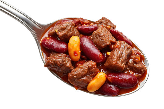 Hearty chili con carne with beef chunks, kidney beans, and rich tomato sauce served in a metal spoon.
