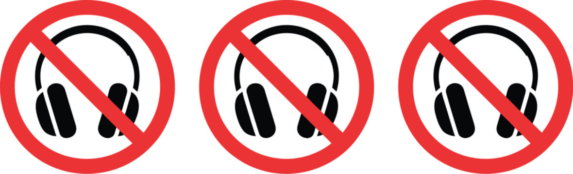 No headphones icons, crossed headphone prohibition signs for noise control restricted listening and warning graphics.