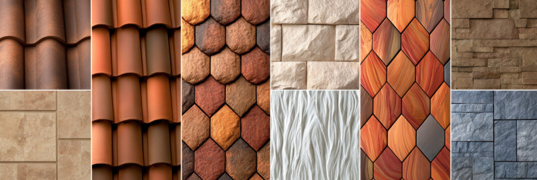 Terracotta roof tile clay roof tile shingle roof stone wall facade texture exterior wall architectural detail building material house roof pattern background Terracotta roof tile clay roof tile