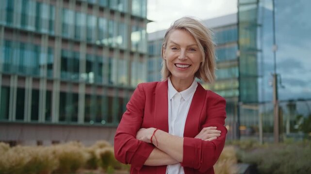Portrait of a successful middle-aged businesswoman in a red jacket standing with arms crossed, smiling confidently at the camera against a backdrop of a contemporary corporate building outdoors