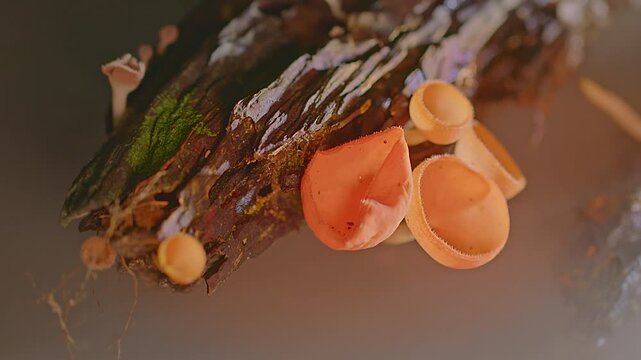 A fairy tale like atmosphere emerges as champagne mushrooms reflect in rainwater while soft white vapor rises around the logs they call home. Rainy Season Magic of Cup Shaped Fungi in the Jungle