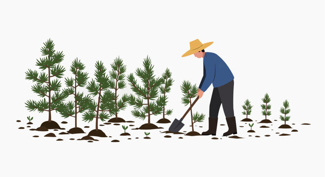 A farmer planting young pine trees in a field. The farmer is wearing a straw hat and using a shovel. There are many young trees and saplings in various stages of growth