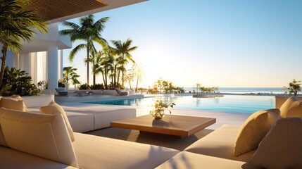 Fototapeta premium Serene Luxury Tropical Beachfront Infinity Pool at Sunset with Comfortable Outdoor Seating