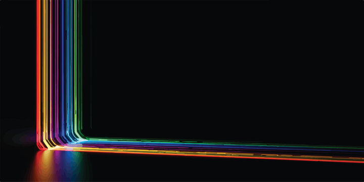 Colorful neon light trails creating an abstract l shape on a reflective black surface glowing with rainbow colors abstract reflection technology background luminescent futuristic creative