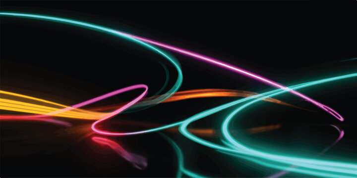 Dynamic swirling neon light trails in cyan magenta orange red creating abstract patterns on a reflective black surface with abstract reflection technology background luminescent futuristic