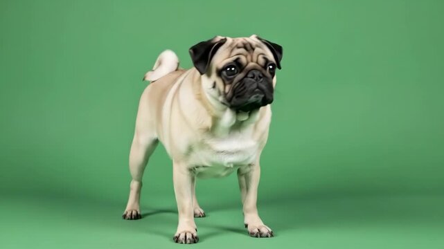 Elegant pug standing poised against a green backdrop