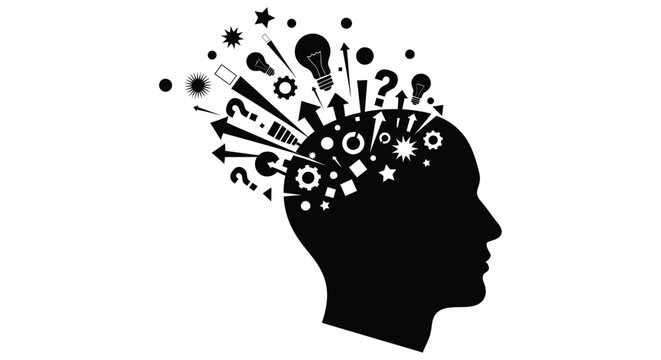 A silhouette head exploding with ideas questions and creative concepts