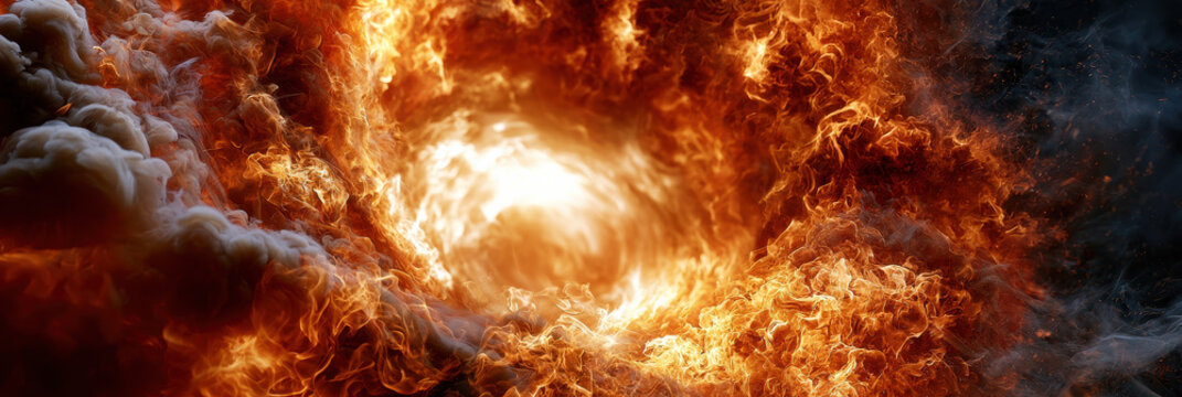 Fire vortex burning swirl fiery tornado inferno center swirling flame turbulent fire heat wave smoke cloud disaster background energy spiral Massive turbulent fire vortex close up shows swirling