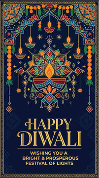 Happy diwali greeting card design featuring ornate traditional indian lamps and floral mandala patterns in vibrant colors on a deep blue background for festive celebration and spiritual harmony