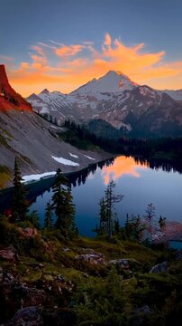  A Serene Alpine Lake Reflects the Vibrant Glow of a Fiery Sunset Casting Warm Golden Light Upon the Majestic, Snow-Capped Mountain Peak in the Wilderness.
 sunrise over the lake