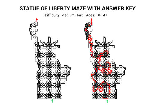 Patriotic USA liberty statue maze puzzle activity with answer key, printable worksheet handout. Medium-hard difficulty, ages 10-14+