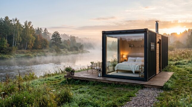Modern cabin beside serene river at sunrise with natural surroundings  