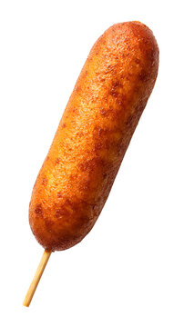 Golden brown corn dog on a wooden stick, crispy fried batter snack isolated on a light background.