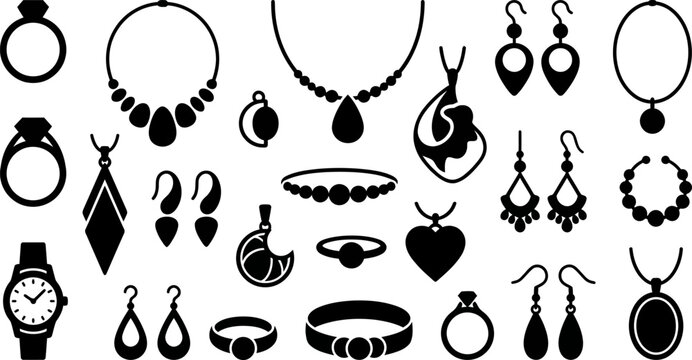 A collection of various jewelry items including necklaces, earrings, bracelets, and watches are displayed.