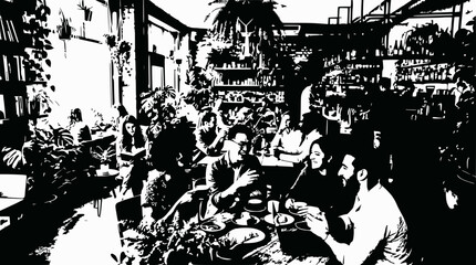 Obraz premium Diverse group of friends enjoying a lively brunch in a plant-filled cafe
