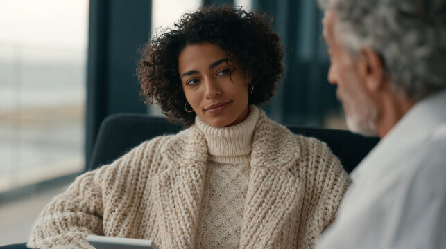 Startup founder receiving unsolicited advice from older male mentor after pitch practice session, subtle power dynamic visible in posture and eye contact, overcast light in glass conference room, he
