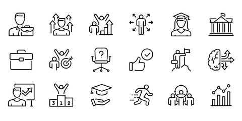 Fototapeta premium Career and Business Leadership Line Icons Set. Employee, Manager, Teamwork, Growth, Strategy, Promotion, Employment and Corporate Management Vector Illustration Collection.