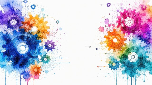 Gears engineering mechanics industrial watercolor concept. Colorful abstract gears and cogs on white background with splatter art effect