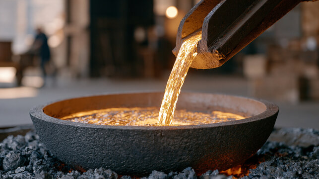Hydrogen-fired electric arc furnace pouring molten green steel into casting mold inside industrial plant, sustainable metallurgy production sequence, clean manufacturing process dramatic single obje