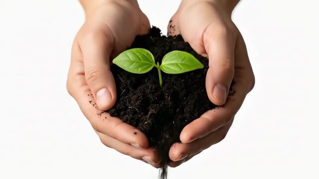 Hands cradling a small sprouting plant in soil