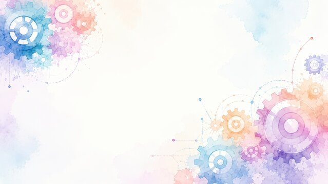 Gears engineering mechanics industrial watercolor concept. Abstract background with watercolor gears and mechanical elements in pastel tones