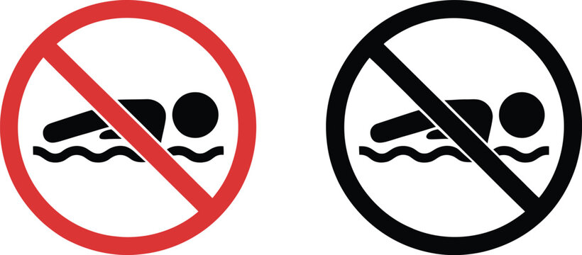 No swimming icons, crossed swimmer symbols inside red and black circles for pool safety and restriction graphics.